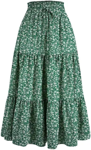 Womens High Elastic Waist Midi Skirt Summer Flowy Ruffle Pleated A line Skirts Lightweight Boho Tiered Skirt