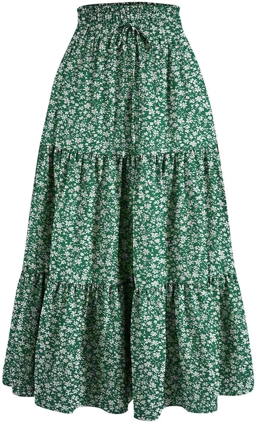 Womens High Elastic Waist Midi Skirt Summer Flowy Ruffle Pleated A line Skirts Lightweight Boho Tiered Skirt