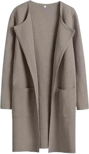 Women's Lightweight Jacket Casual Knitted Open Front Mid-Length Cardigans Sweaters Solid Color Long Sleeve Outwear