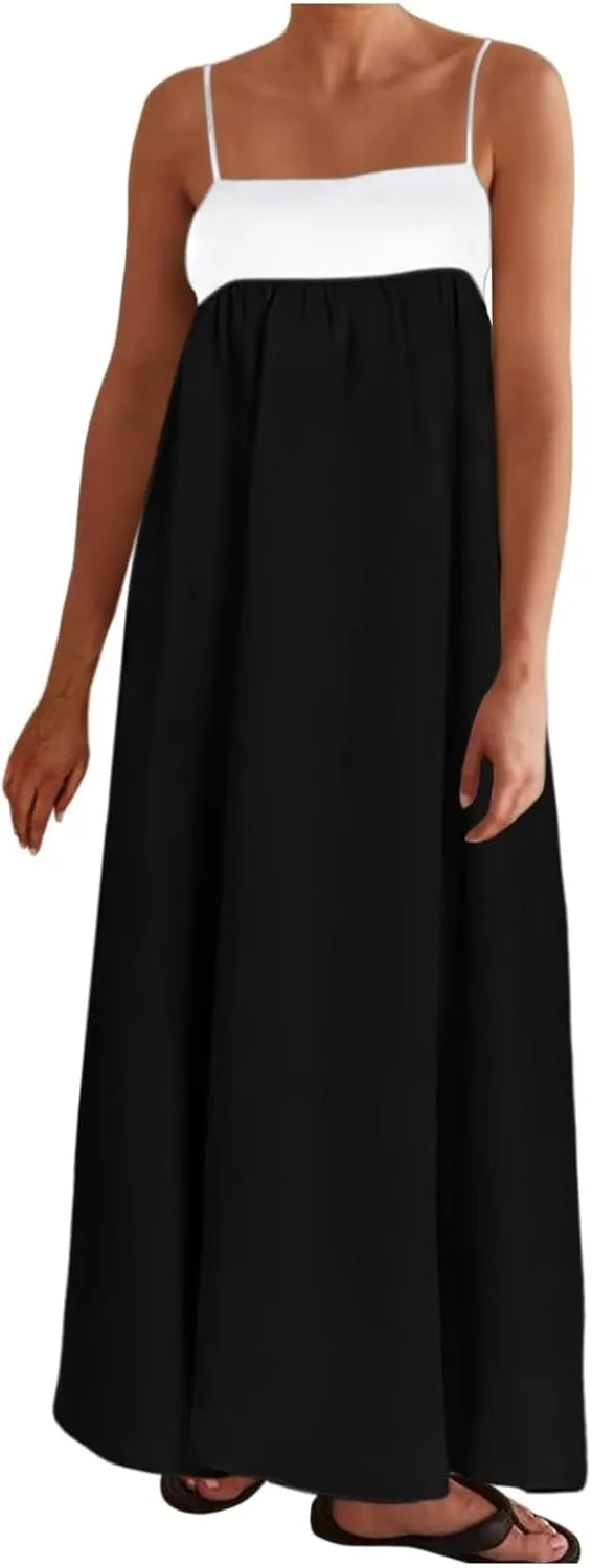 Womens Linen Maxi Dress Contrast Trim Spaghetti Straps Summer Outfits Sleeveless Long Dresses Women's Maxi Dress