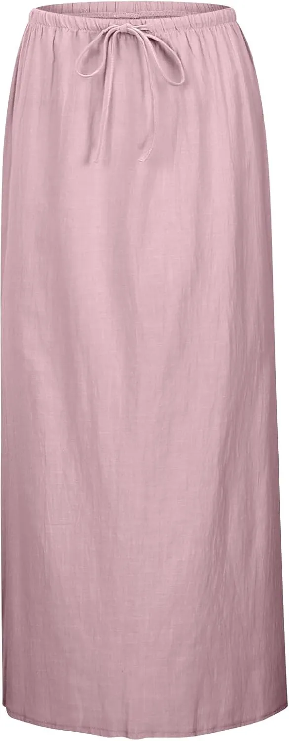 Womens Linen Maxi Skirts Summer Casual Boho Beach Vacation Comfy Flowy Long Drawstring Waist A Line Skirts