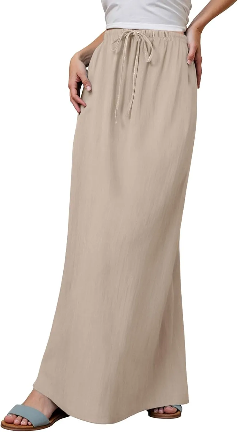 Womens Linen Maxi Skirts Summer Casual Boho Beach Vacation Comfy Flowy Long Drawstring Waist A Line Skirts