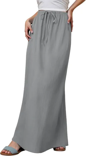 Womens Linen Maxi Skirts Summer Casual Boho Beach Vacation Comfy Flowy Long Drawstring Waist A Line Skirts