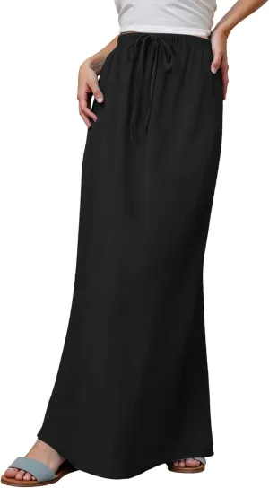 Womens Linen Maxi Skirts Summer Casual Boho Beach Vacation Comfy Flowy Long Drawstring Waist A Line Skirts
