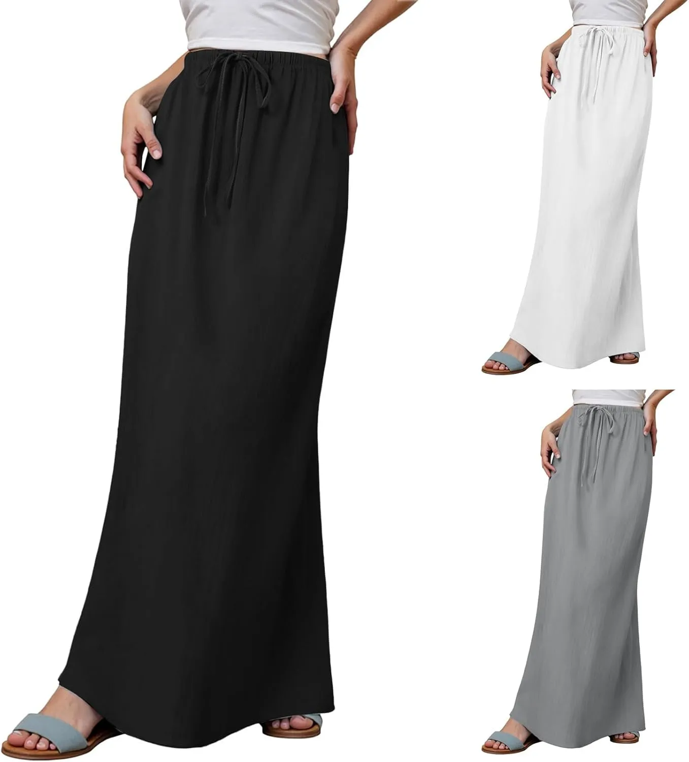 Womens Linen Maxi Skirts Summer Casual Boho Beach Vacation Comfy Flowy Long Drawstring Waist A Line Skirts
