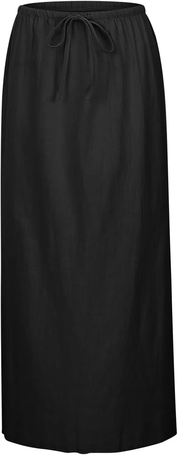 Womens Linen Maxi Skirts Summer Casual Boho Beach Vacation Comfy Flowy Long Drawstring Waist A Line Skirts