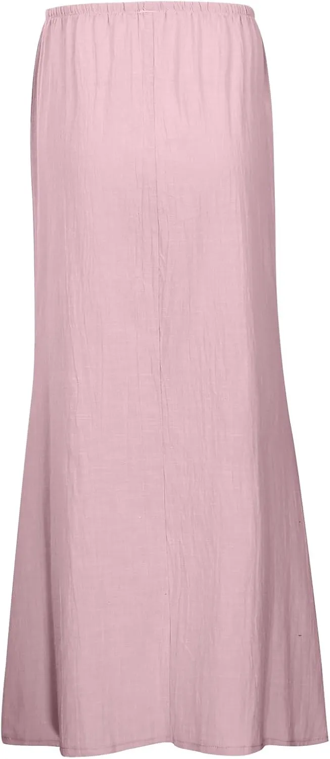 Womens Linen Maxi Skirts Summer Casual Boho Beach Vacation Comfy Flowy Long Drawstring Waist A Line Skirts