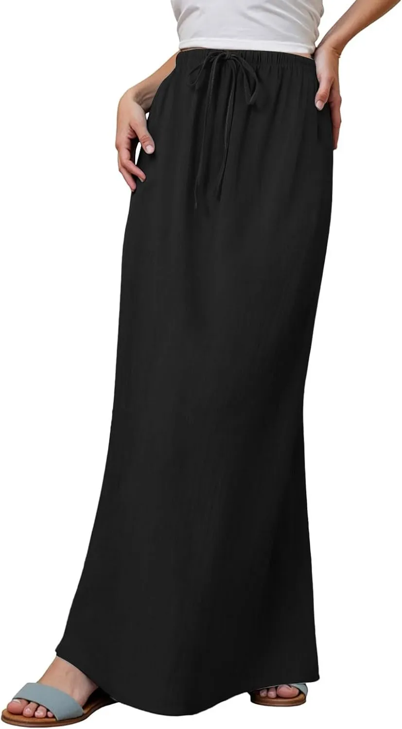 Womens Linen Maxi Skirts Summer Casual Boho Beach Vacation Comfy Flowy Long Drawstring Waist A Line Skirts