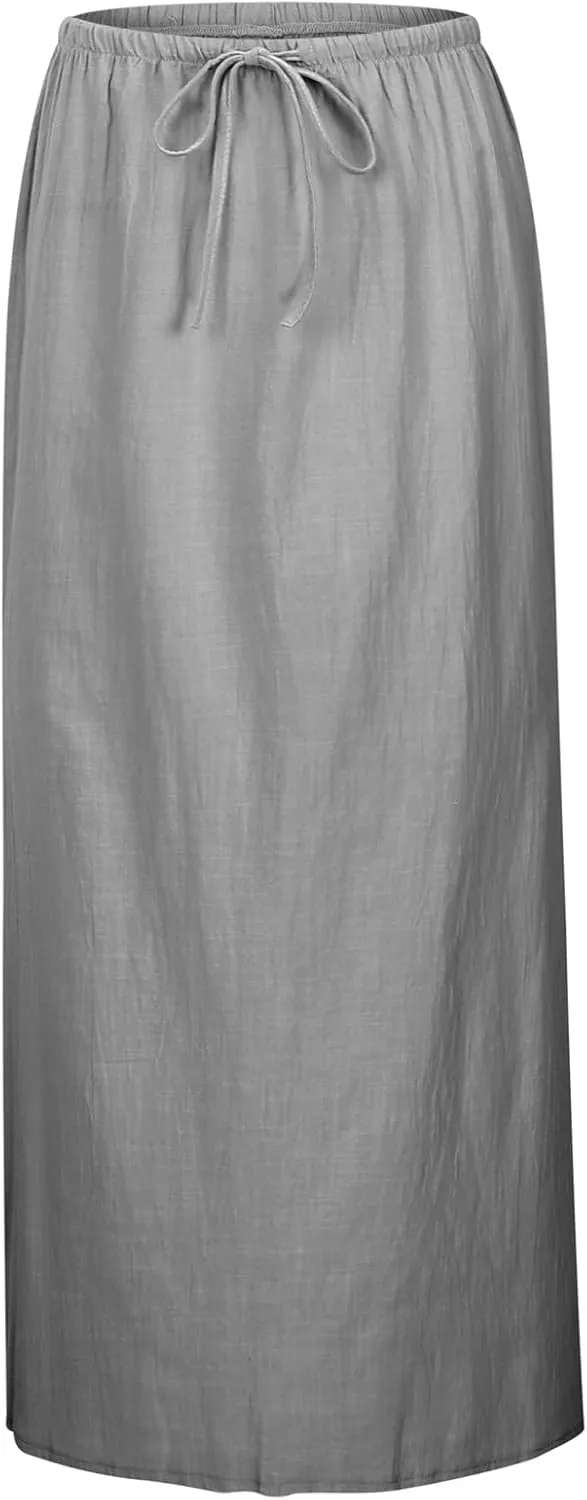 Womens Linen Maxi Skirts Summer Casual Boho Beach Vacation Comfy Flowy Long Drawstring Waist A Line Skirts