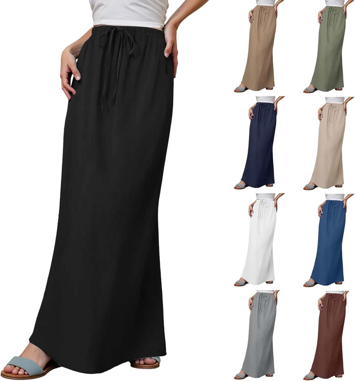 Womens Linen Maxi Skirts Summer Casual Boho Beach Vacation Comfy Flowy Long Drawstring Waist A Line Skirts