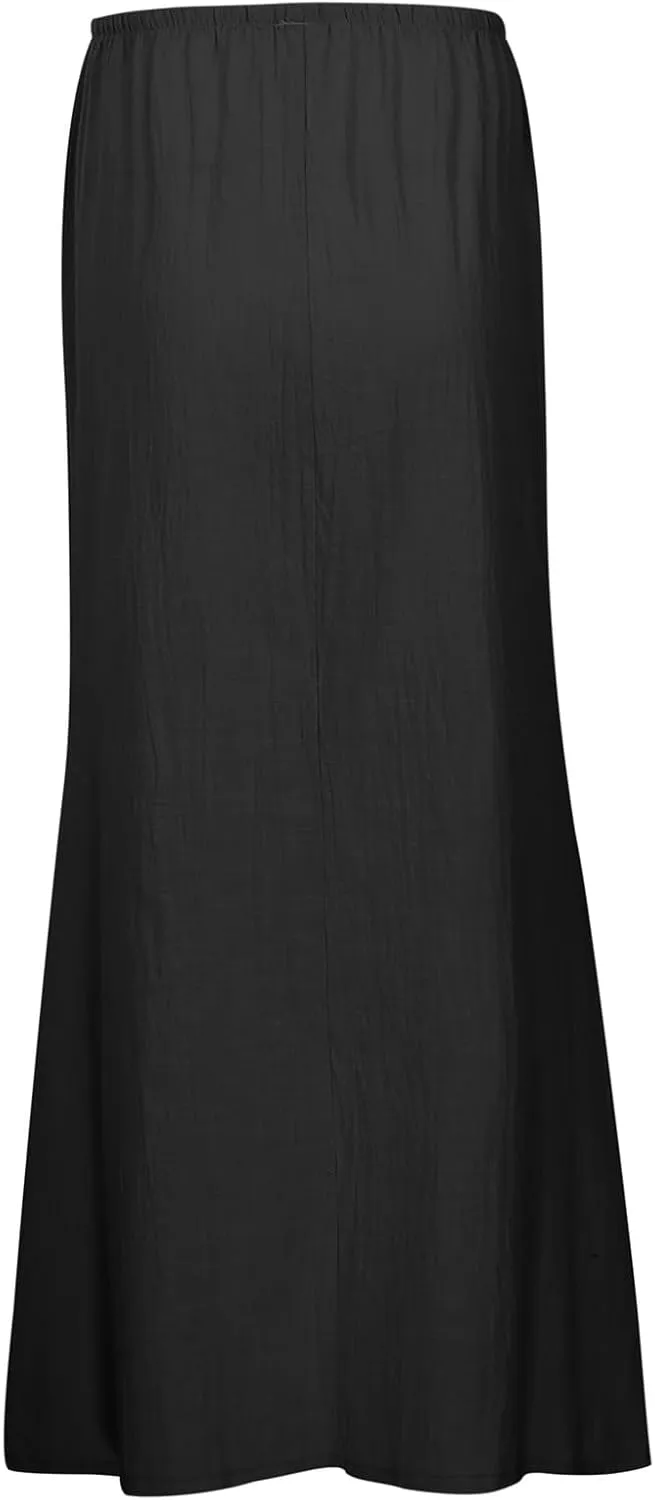 Womens Linen Maxi Skirts Summer Casual Boho Beach Vacation Comfy Flowy Long Drawstring Waist A Line Skirts