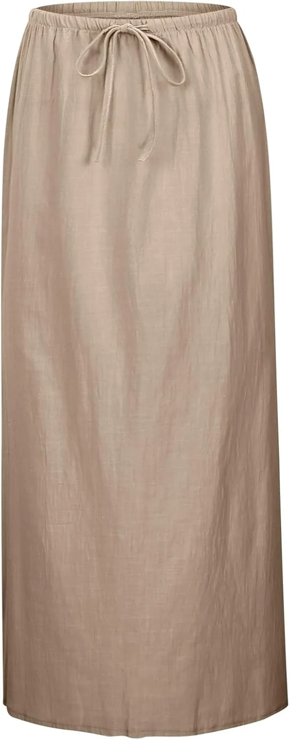 Womens Linen Maxi Skirts Summer Casual Boho Beach Vacation Comfy Flowy Long Drawstring Waist A Line Skirts