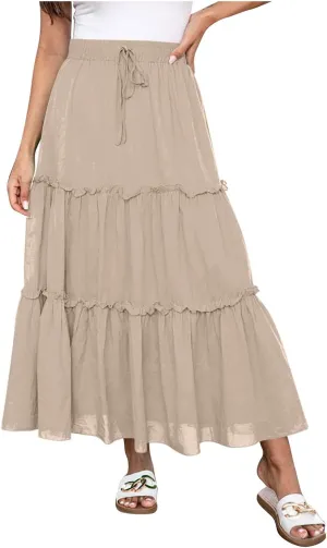 Women's Long Summer Skirts Comfy Tiered Flowy Maxi Skirts High Waisted Tiered Casual Skirts for Beach Vacation