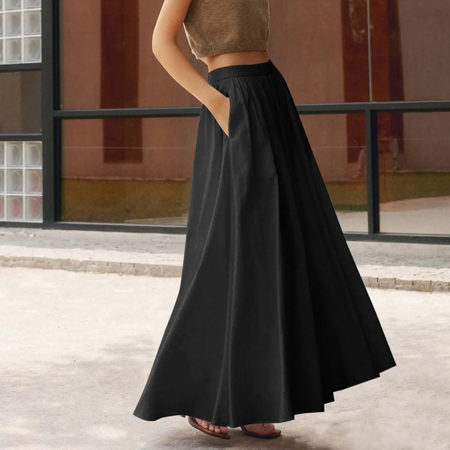 Women's Long Summer Skirts Pleated A Line Maxi Skirts with Pockets Casual Flowy Skirts for Vacation Swing Boho Skirts