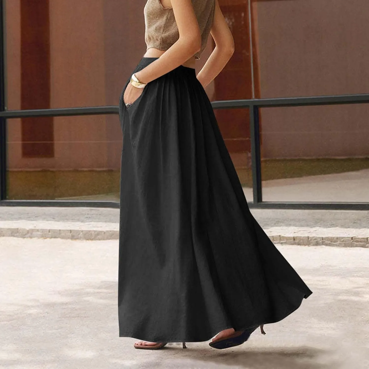 Women's Long Summer Skirts Pleated A Line Maxi Skirts with Pockets Casual Flowy Skirts for Vacation Swing Boho Skirts