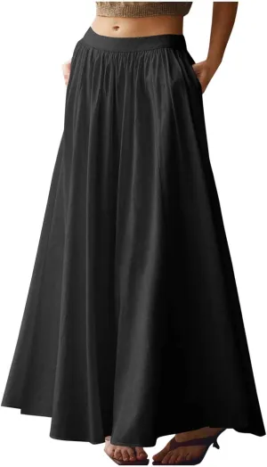 Women's Long Summer Skirts Pleated A Line Maxi Skirts with Pockets Casual Flowy Skirts for Vacation Swing Boho Skirts