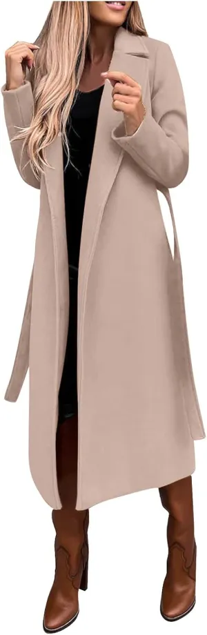 Women's Long Trench Coat Windproof Classic Lapel Overcoat Trench Solid Petite Notched Lapel Long Winter Coats