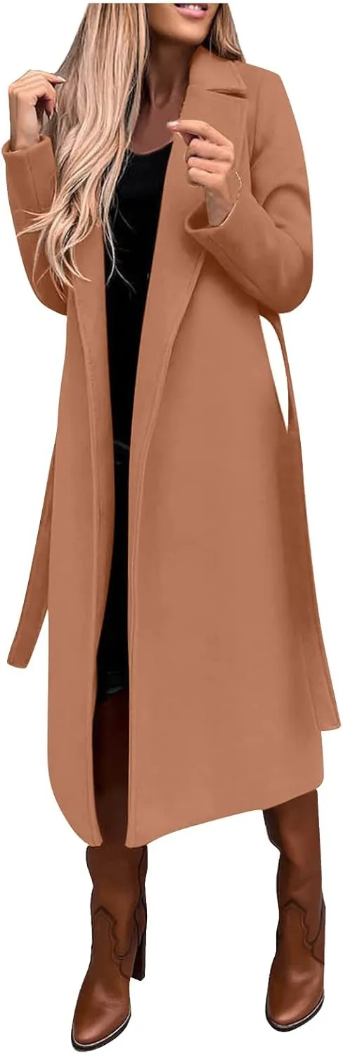 Women's Long Trench Coat Windproof Classic Lapel Overcoat Trench Solid Petite Notched Lapel Long Winter Coats