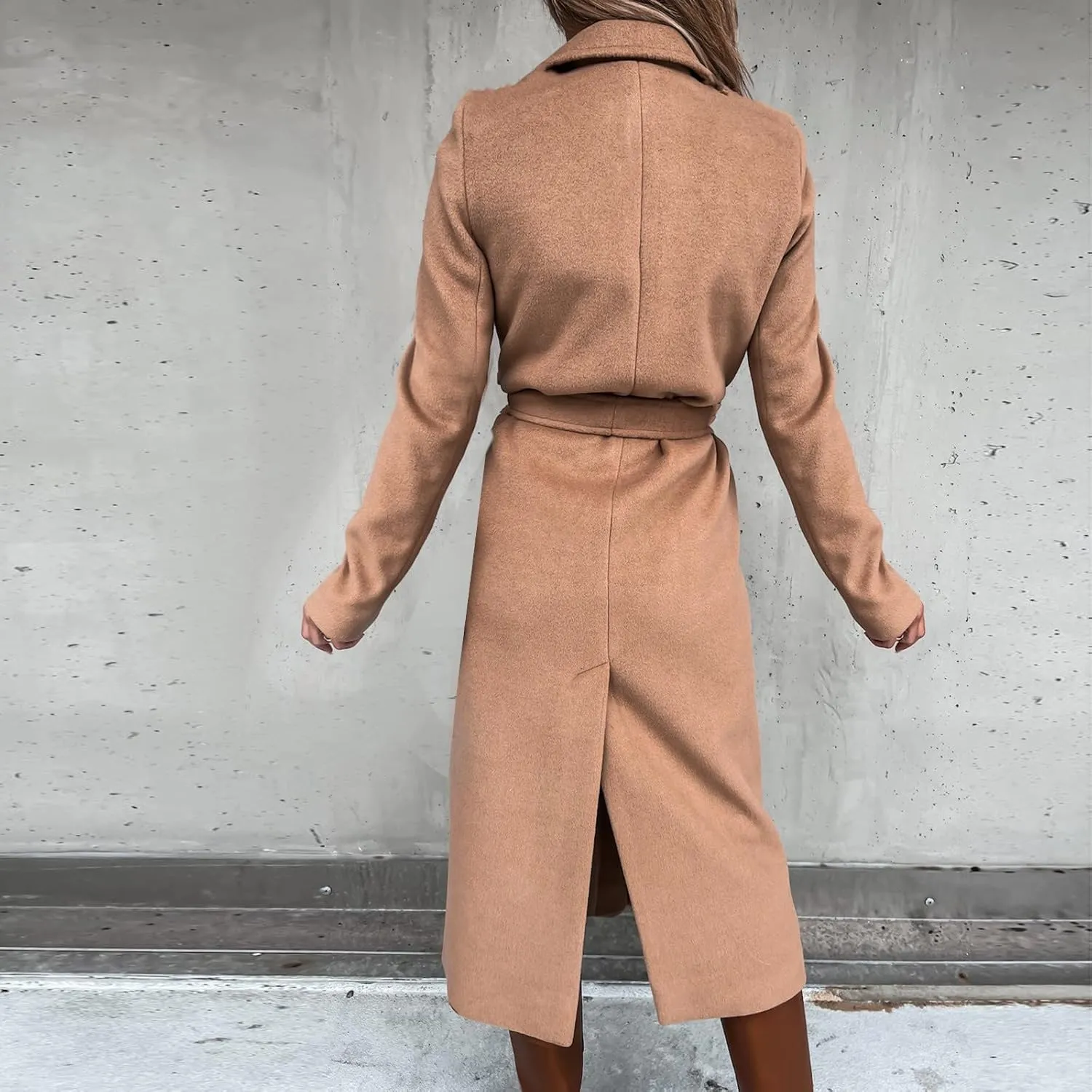 Women's Long Trench Coats Casual Solid Open Front Elegant Jacket Loose Lapel Double Breasted Windbreaker Peacoat with Belt