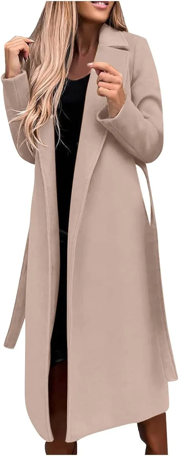 Women's Long Trench Coats Casual Solid Open Front Elegant Jacket Loose Lapel Double Breasted Windbreaker Peacoat with Belt