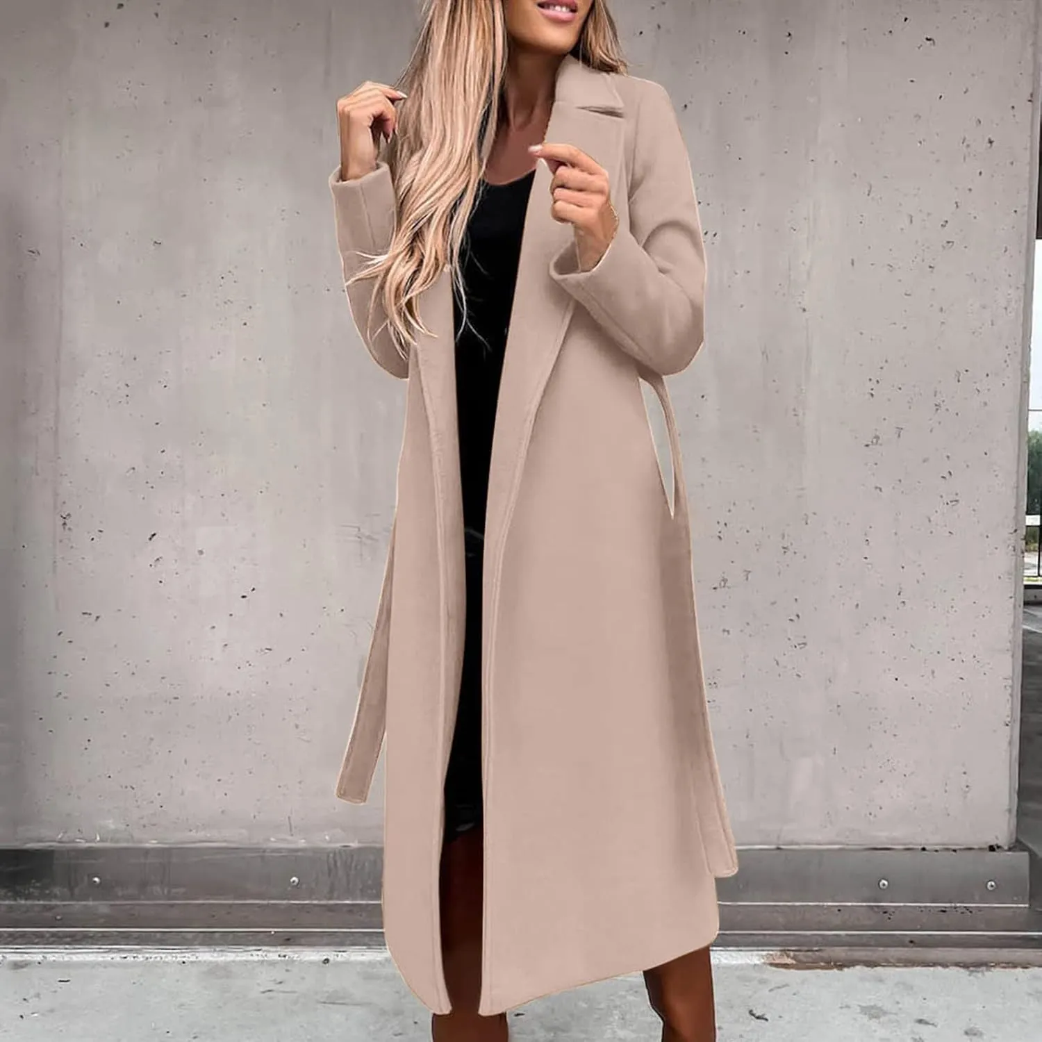 Women's Long Trench Coats Casual Solid Open Front Elegant Jacket Loose Lapel Double Breasted Windbreaker Peacoat with Belt