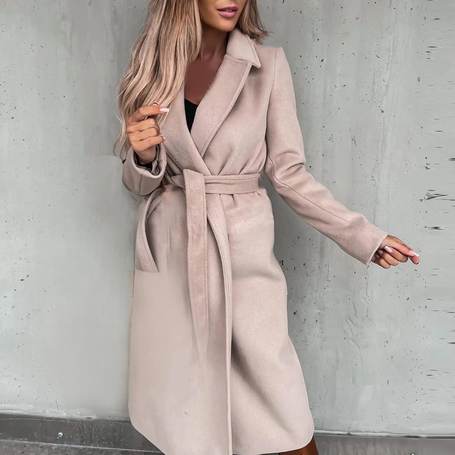 Women's Long Trench Coats Casual Solid Open Front Elegant Jacket Loose Lapel Double Breasted Windbreaker Peacoat with Belt