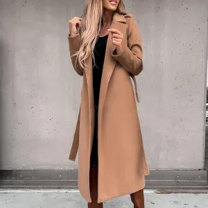 Women's Long Trench Coats Casual Solid Open Front Elegant Jacket Loose Lapel Double Breasted Windbreaker Peacoat with Belt