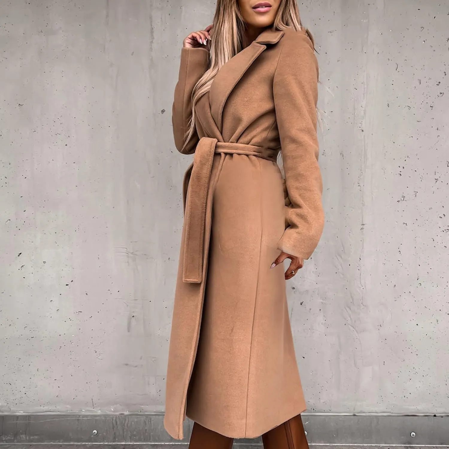 Women's Long Trench Coats Casual Solid Open Front Elegant Jacket Loose Lapel Double Breasted Windbreaker Peacoat with Belt