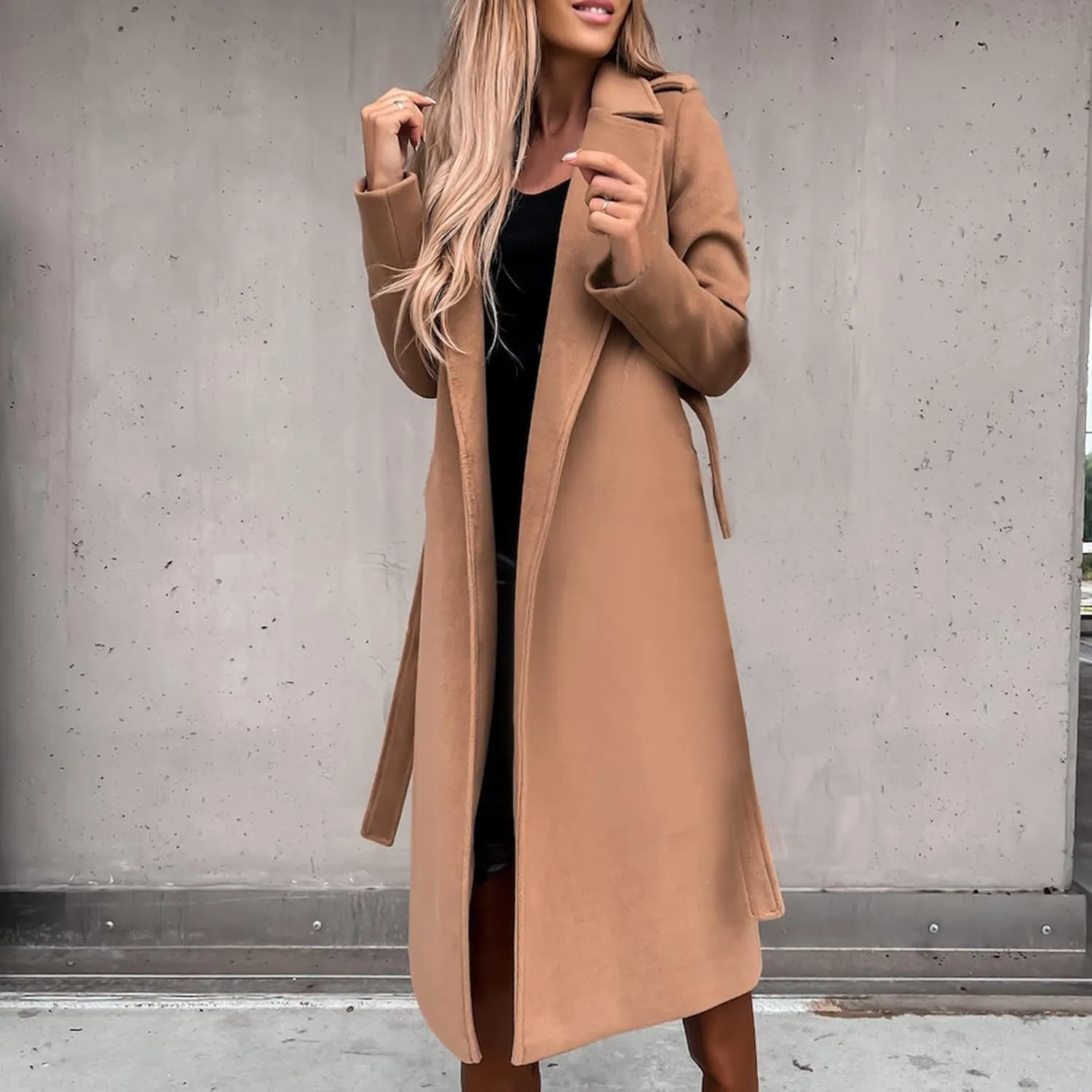 Women's Long Trench Coats Casual Solid Open Front Elegant Jacket Loose Lapel Double Breasted Windbreaker Peacoat with Belt