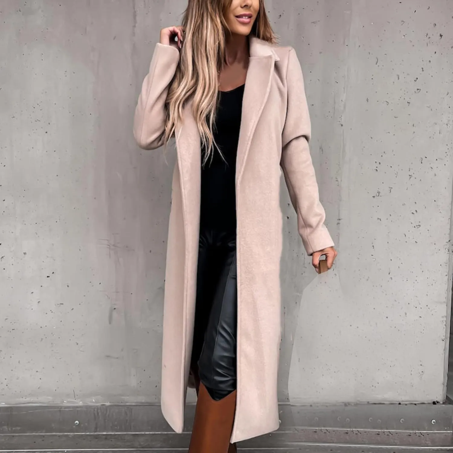 Women's Long Trench Coats Casual Solid Open Front Elegant Jacket Loose Lapel Double Breasted Windbreaker Peacoat with Belt