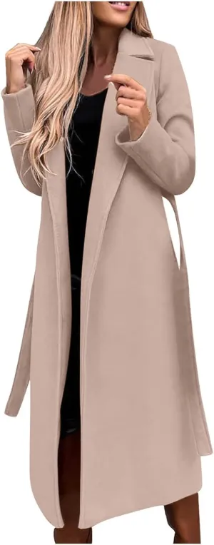 Women's Long Trench Coats Casual Solid Open Front Elegant Jacket Loose Lapel Double Breasted Windbreaker Peacoat with Belt