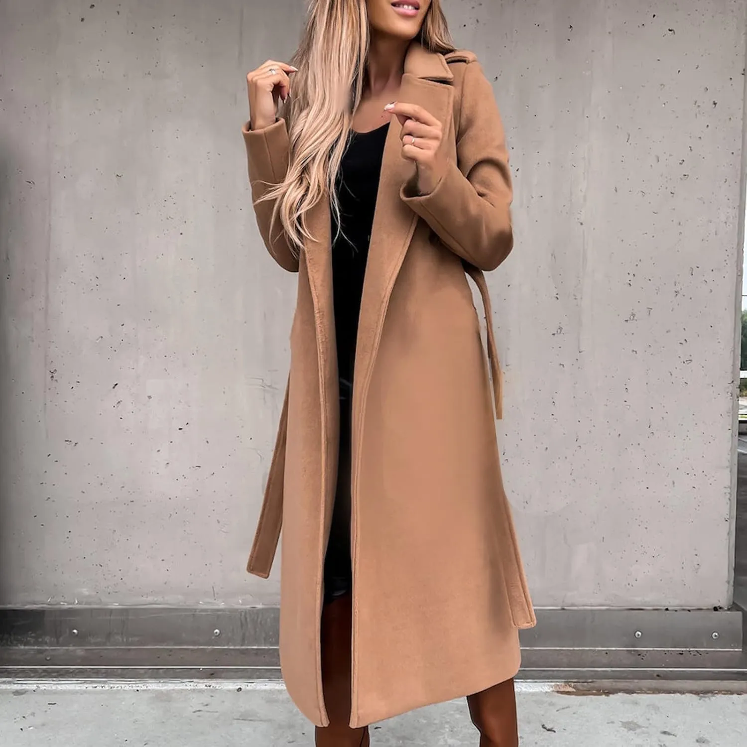 Women's Long Trench Coats Casual Solid Open Front Elegant Jacket Loose Lapel Double Breasted Windbreaker Peacoat with Belt