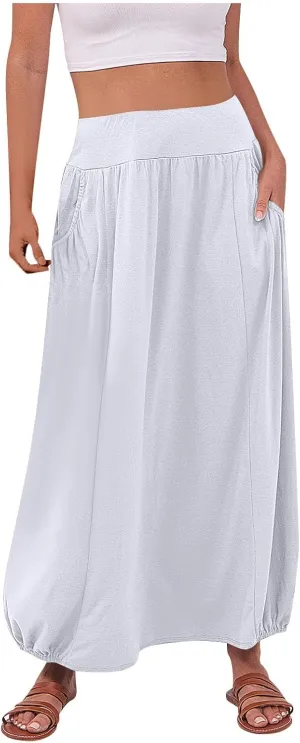 Women's Maxi Boho Skirts High Waisted Baggy Summer Skirts with Pockets Comfy Flowy Beach Skirts A Line Long Skirts