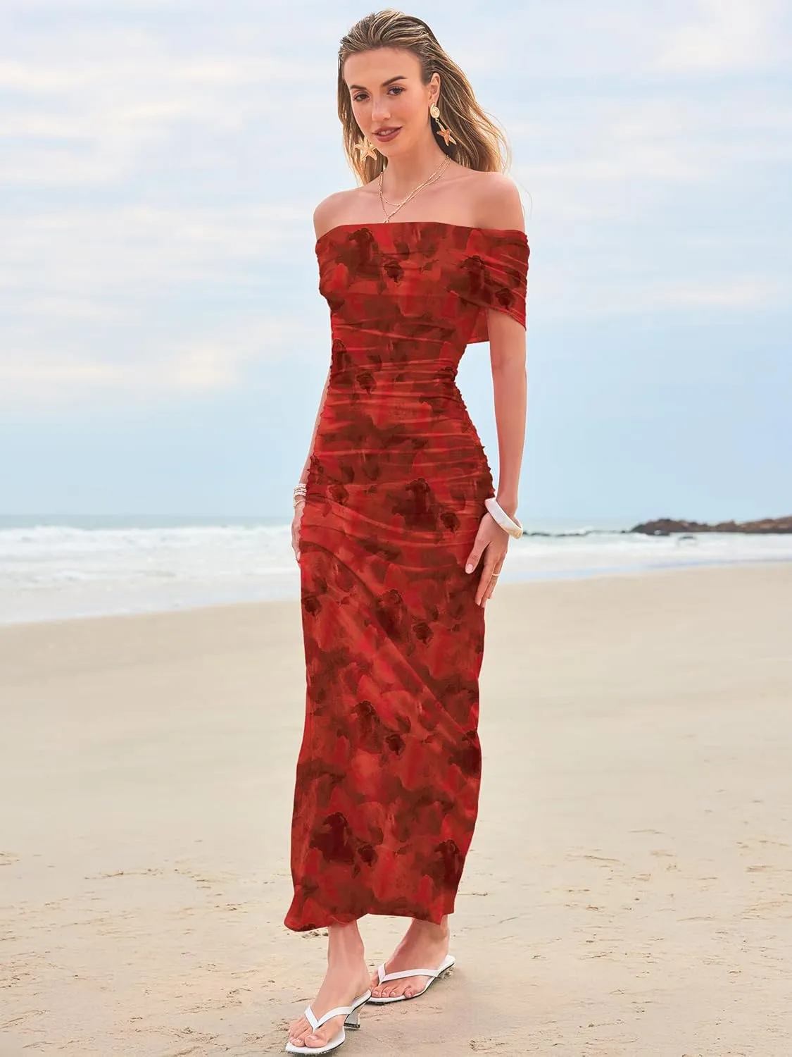 Women's Mesh Floral Maxi Dress 2025 Summer Off The Shoulder Ruched Bodycon Long Cocktail Party Fitted Dresses