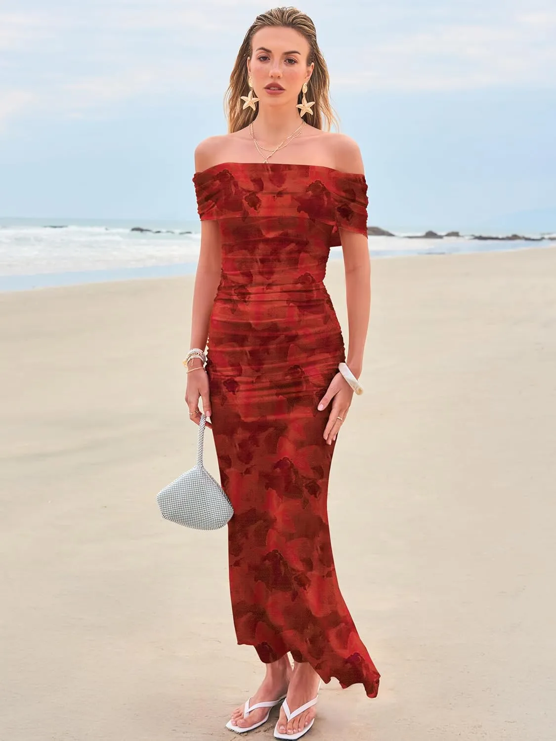Women's Mesh Floral Maxi Dress 2025 Summer Off The Shoulder Ruched Bodycon Long Cocktail Party Fitted Dresses