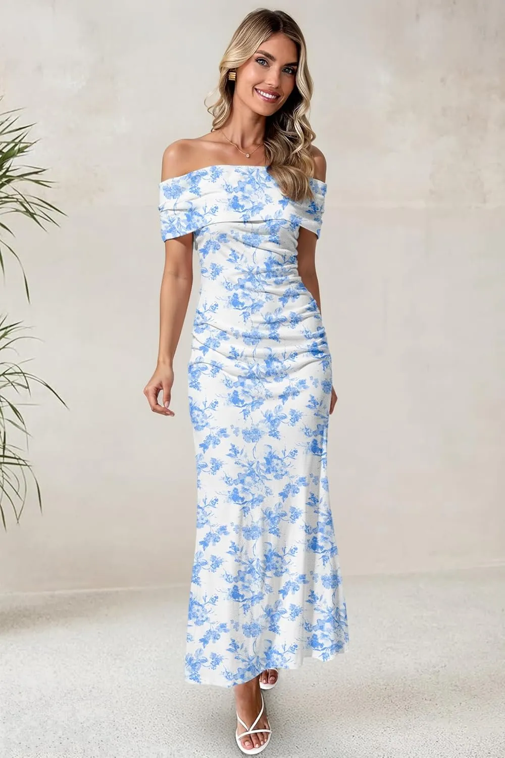 Women's Mesh Floral Maxi Dress 2025 Summer Off The Shoulder Ruched Bodycon Long Cocktail Party Fitted Dresses