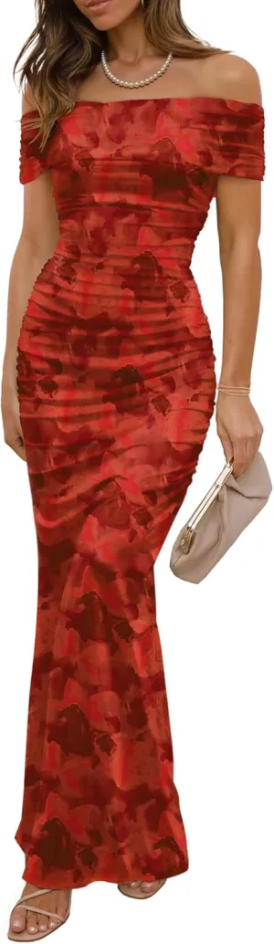 Women's Mesh Floral Maxi Dress 2025 Summer Off The Shoulder Ruched Bodycon Long Cocktail Party Fitted Dresses