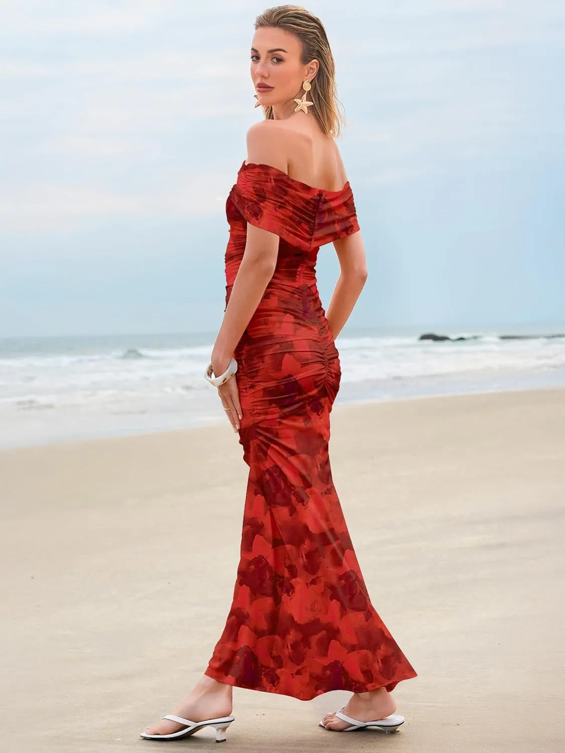 Women's Mesh Floral Maxi Dress 2025 Summer Off The Shoulder Ruched Bodycon Long Cocktail Party Fitted Dresses