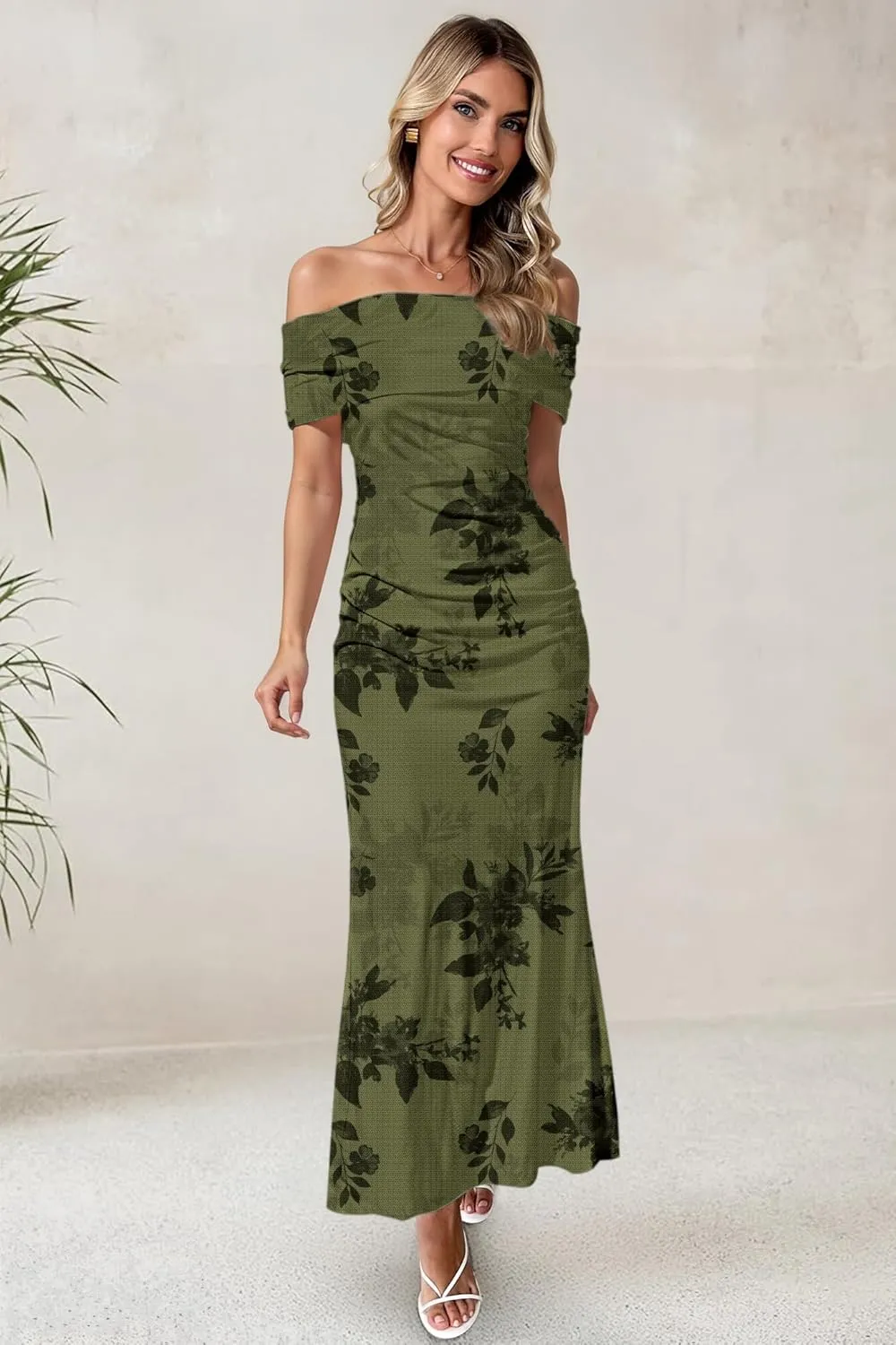 Women's Mesh Floral Maxi Dress 2025 Summer Off The Shoulder Ruched Bodycon Long Cocktail Party Fitted Dresses