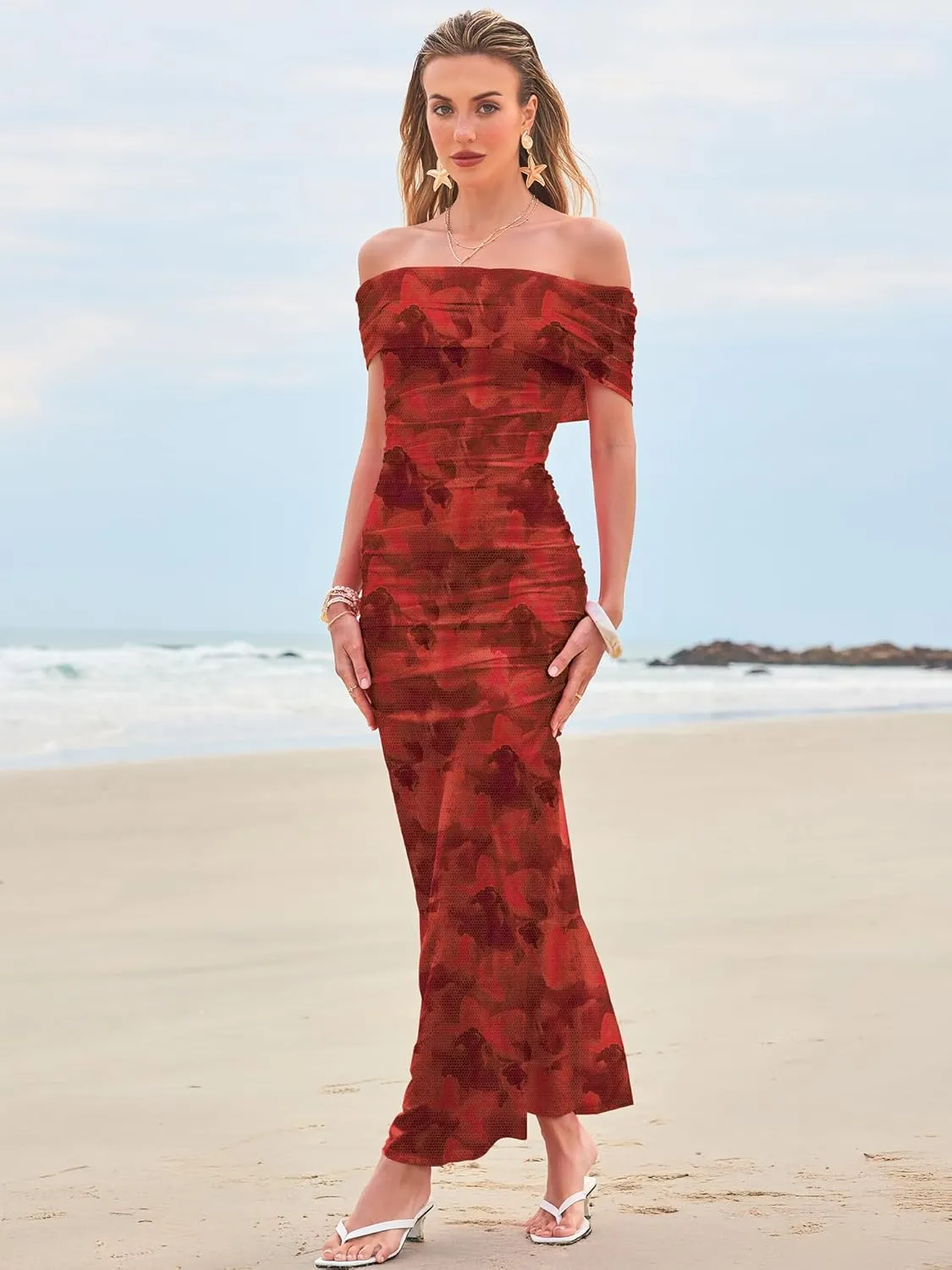 Women's Mesh Floral Maxi Dress 2025 Summer Off The Shoulder Ruched Bodycon Long Cocktail Party Fitted Dresses