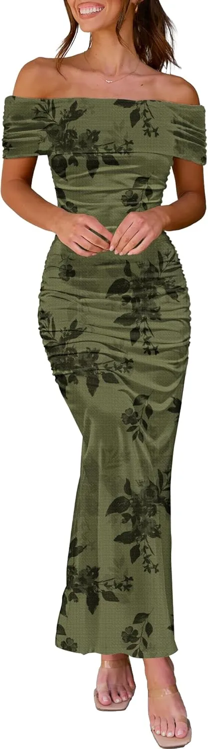 Women's Mesh Floral Maxi Dress 2025 Summer Off The Shoulder Ruched Bodycon Long Cocktail Party Fitted Dresses