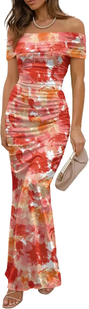 Women's Mesh Floral Maxi Dress 2025 Summer Off The Shoulder Ruched Bodycon Long Cocktail Party Fitted Dresses