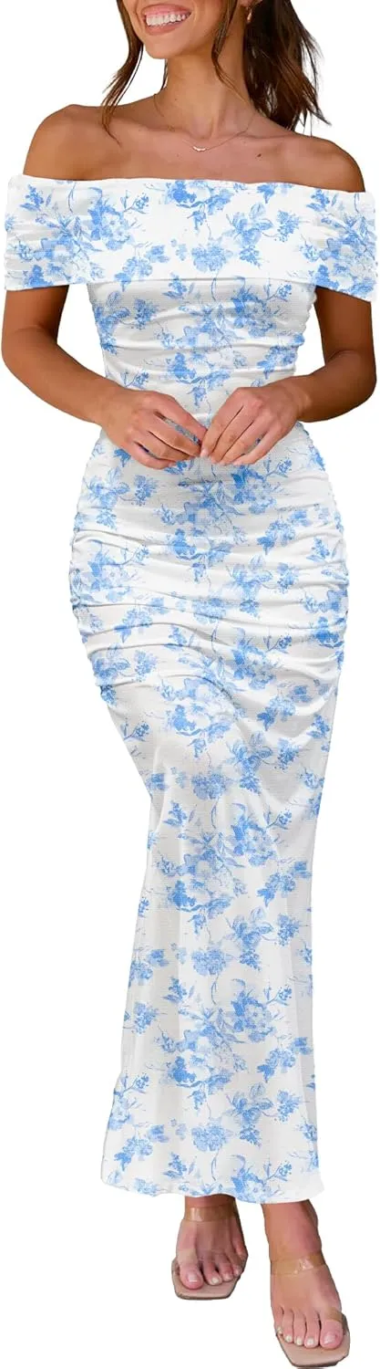 Women's Mesh Floral Maxi Dress 2025 Summer Off The Shoulder Ruched Bodycon Long Cocktail Party Fitted Dresses