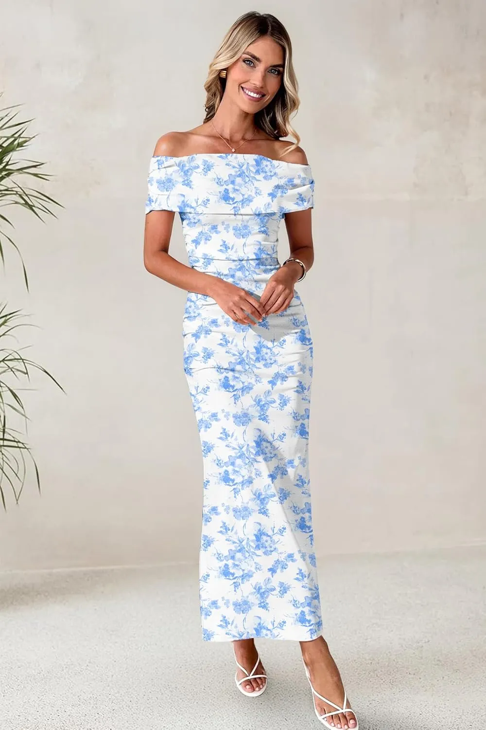 Women's Mesh Floral Maxi Dress 2025 Summer Off The Shoulder Ruched Bodycon Long Cocktail Party Fitted Dresses