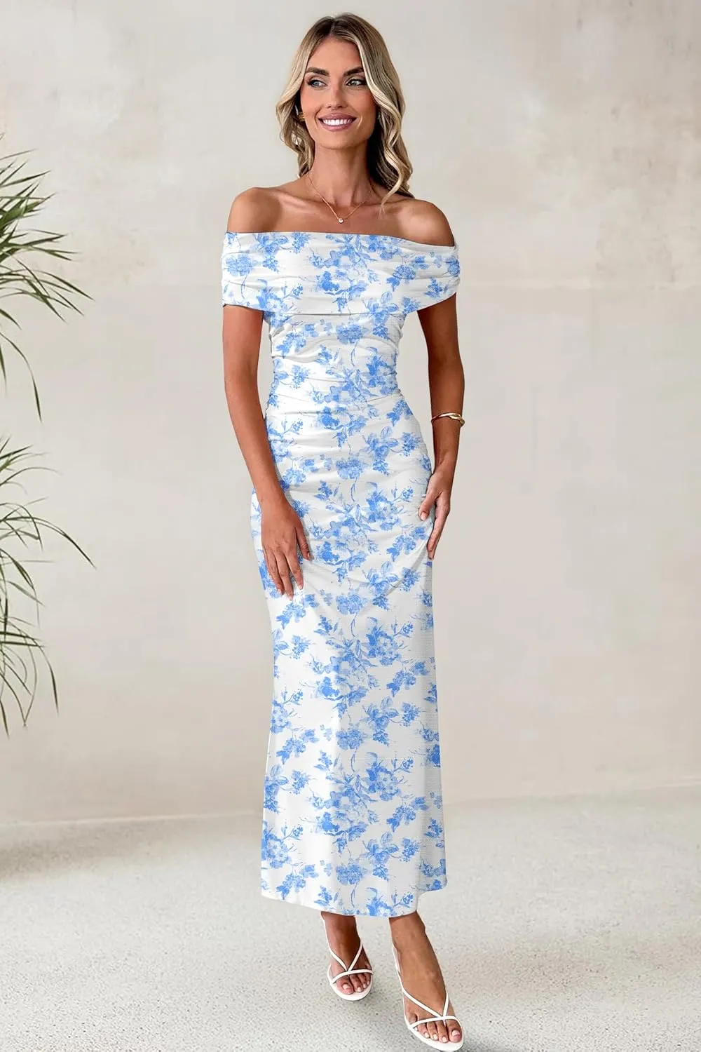 Women's Mesh Floral Maxi Dress 2025 Summer Off The Shoulder Ruched Bodycon Long Cocktail Party Fitted Dresses