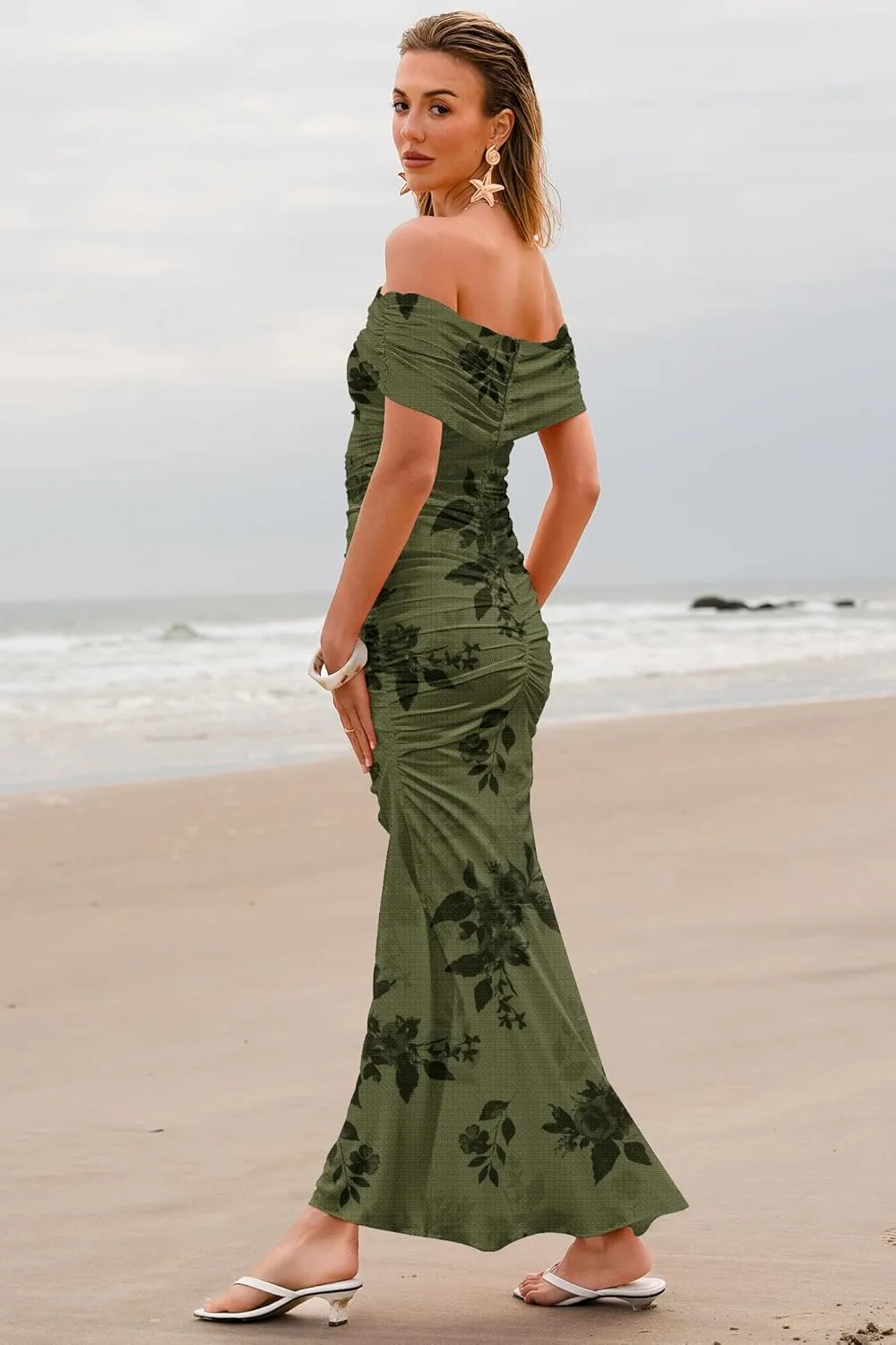 Women's Mesh Floral Maxi Dress 2025 Summer Off The Shoulder Ruched Bodycon Long Cocktail Party Fitted Dresses