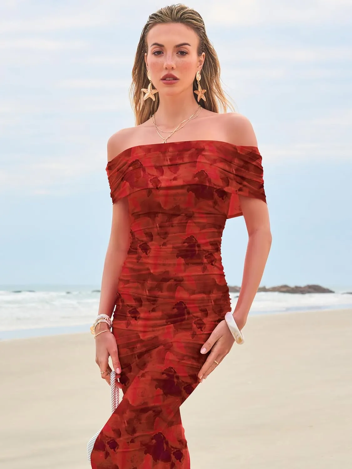 Women's Mesh Floral Maxi Dress 2025 Summer Off The Shoulder Ruched Bodycon Long Cocktail Party Fitted Dresses