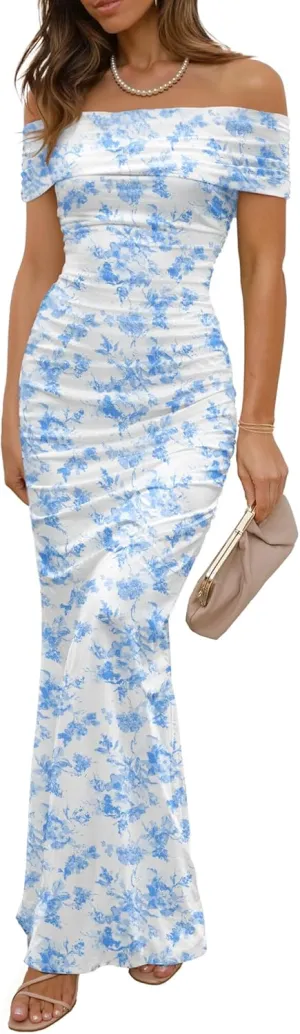 Women's Mesh Floral Maxi Dress 2025 Summer Off The Shoulder Ruched Bodycon Long Cocktail Party Fitted Dresses
