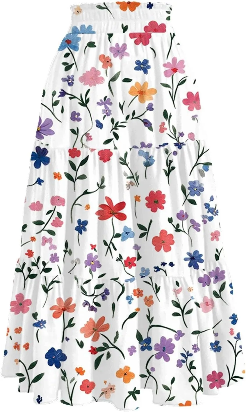 Women's Midi Boho Floral Tiered Skirts Trendy Drawstring High Elastic Waist Comfy Flowy A Line Skirt Skorts with Pockets