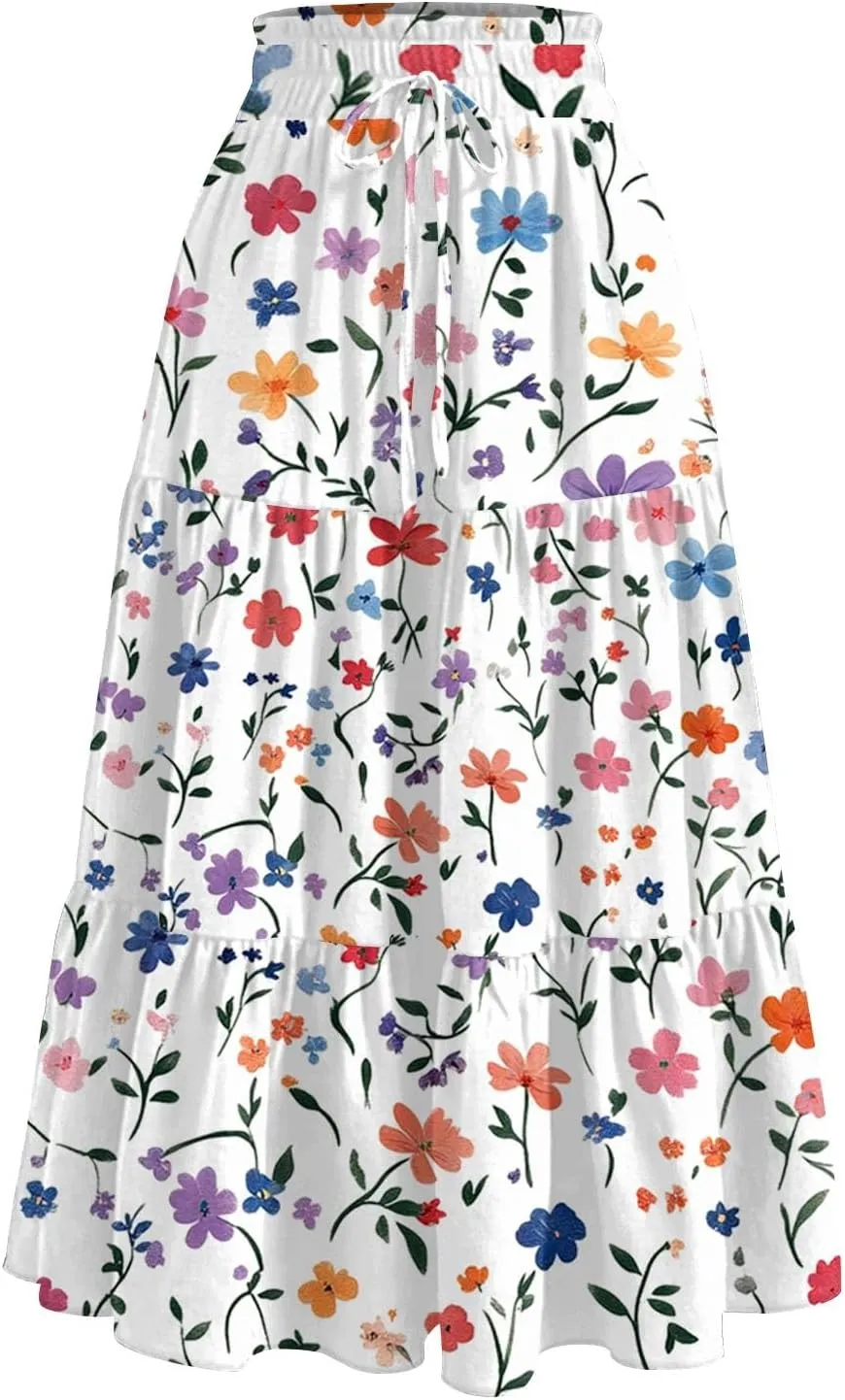 Women's Midi Boho Floral Tiered Skirts Trendy Drawstring High Elastic Waist Comfy Flowy A Line Skirt Skorts with Pockets